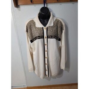 Vtg Cache Cardigan Leopard Print Black Trim Gold Tone Buttons Sweater  Sz L USA